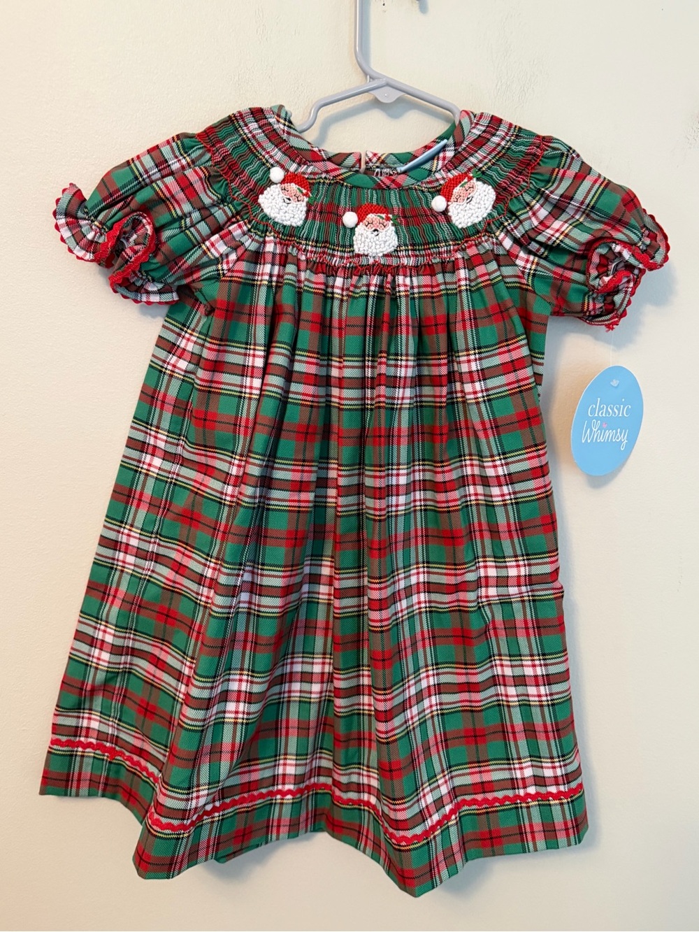 Classic Whimsy Green & Red Plaid Santa Smocked Kids Dress